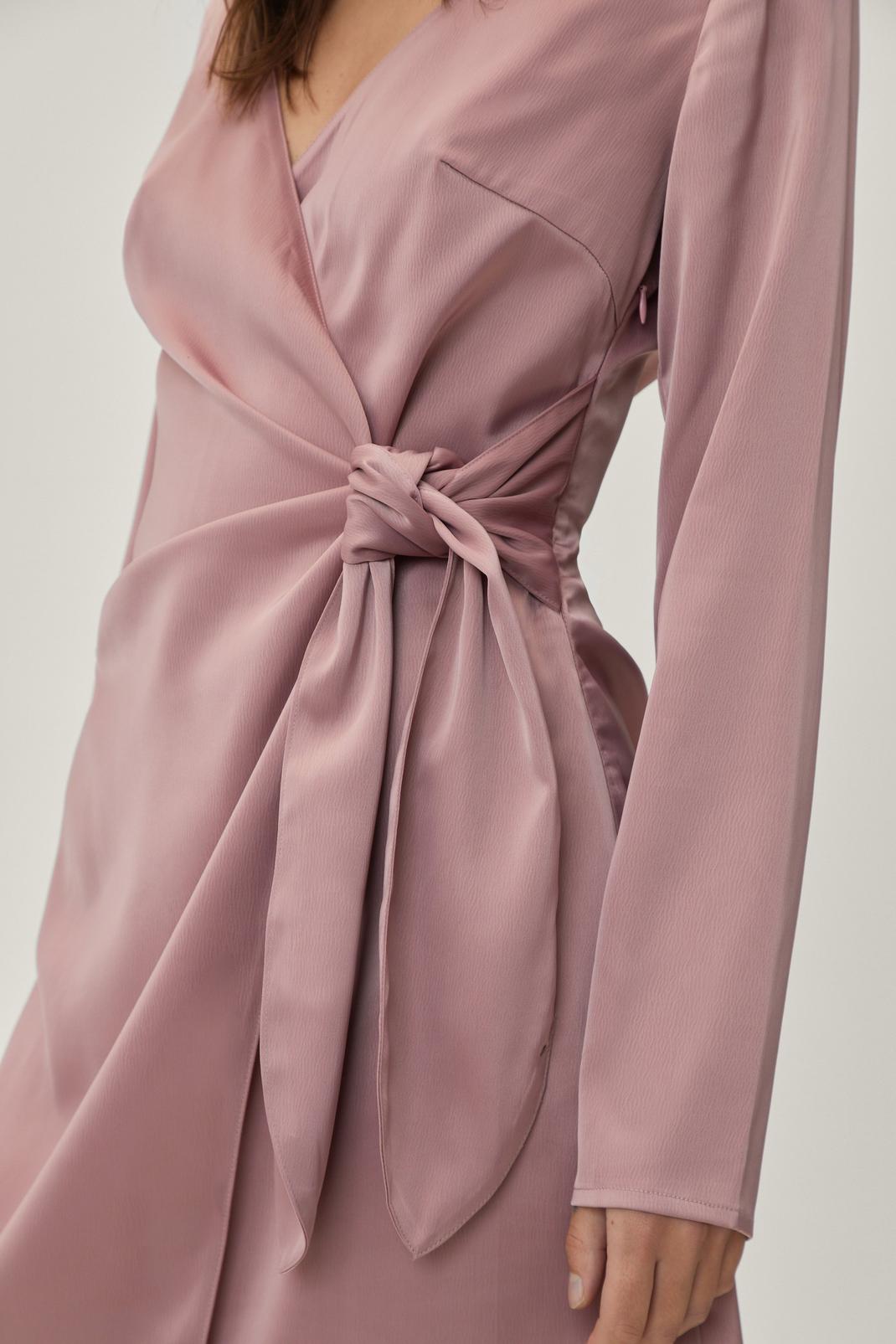 Dusky pink Petite Long Sleeve Wrap Satin Mini Dress image number 1