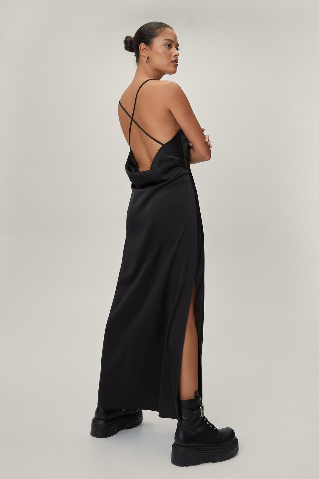 Black Petite Satin Cowl Back Split Side Maxi Dress image number 1