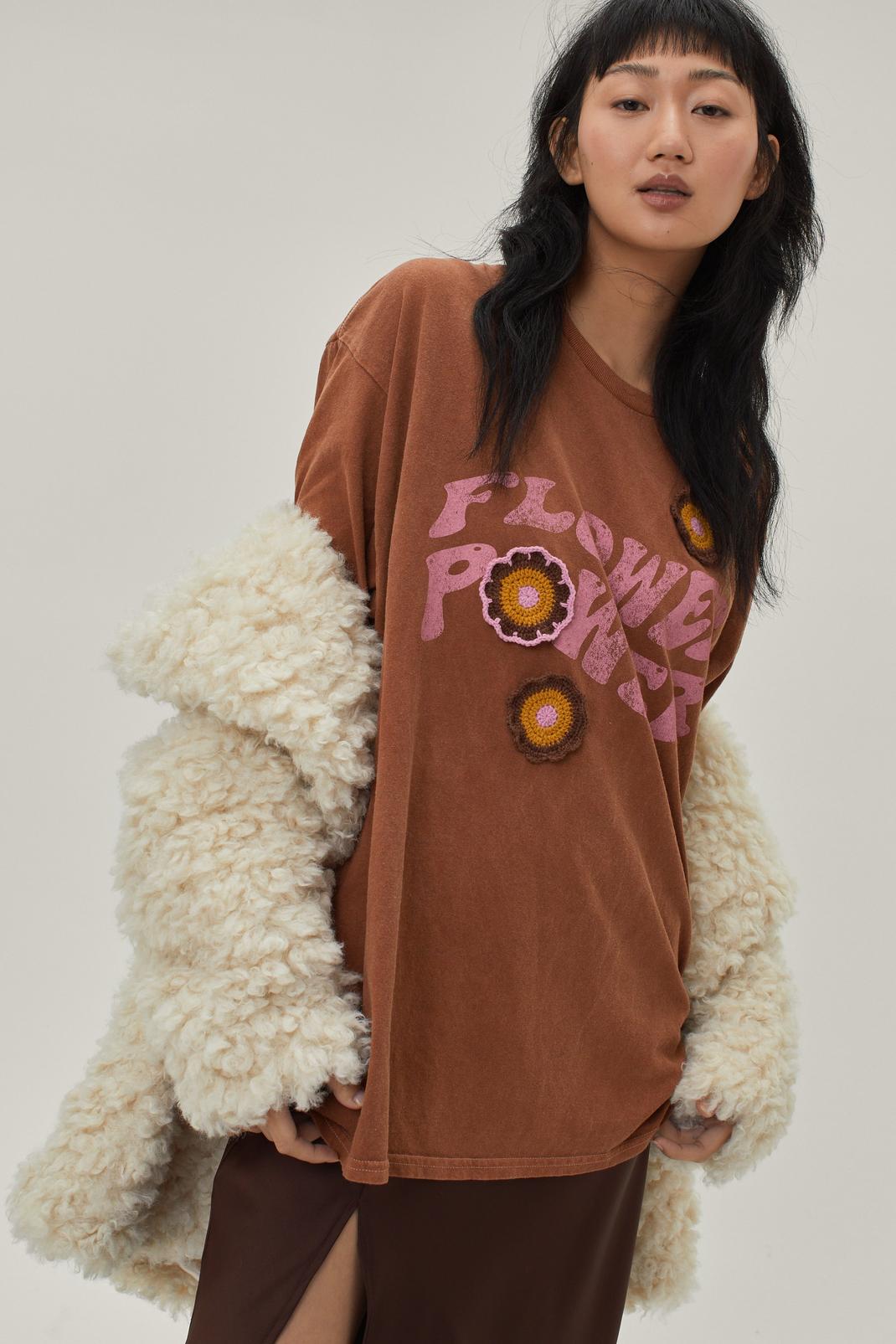 Rust Flower Power Crotchet Detail Graphic T-Shirt image number 1