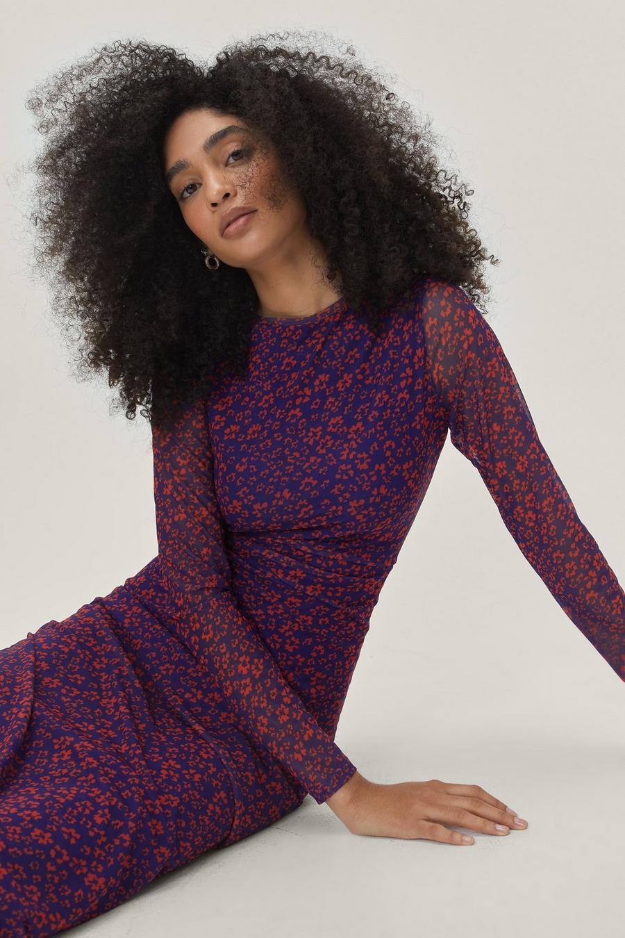 Abstract Floral Mesh Funnel Neck Midi Dress