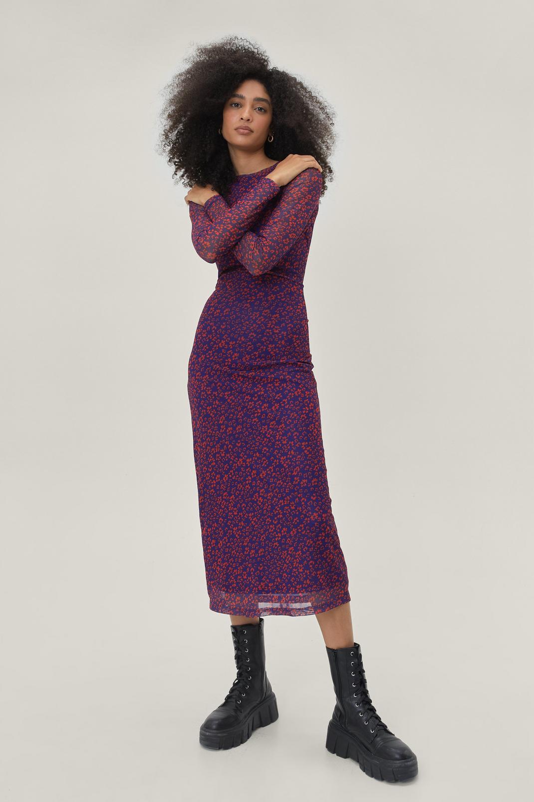 157 Abstract Floral Mesh Funnel Neck Midi Dress image number 2