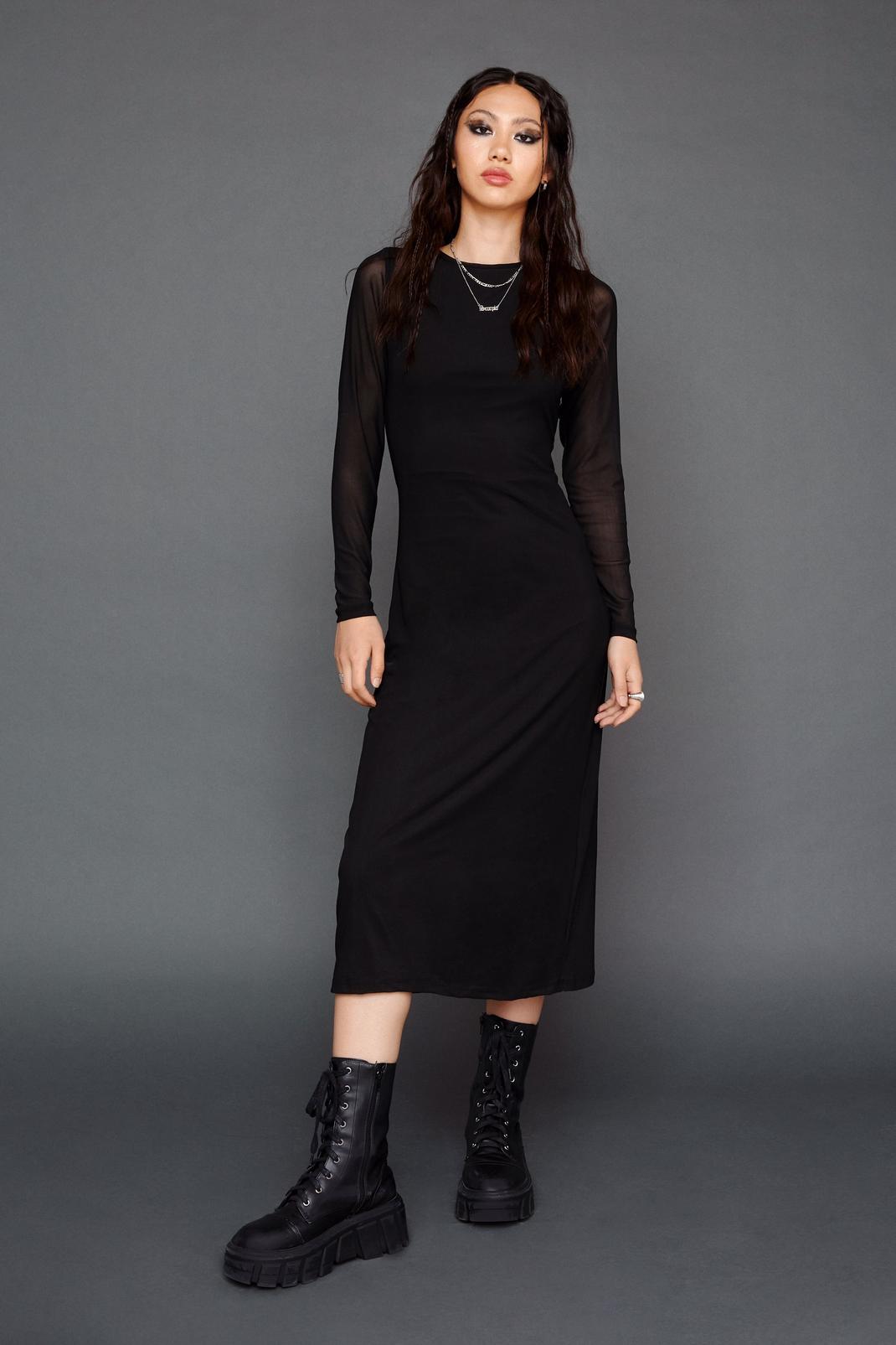 Black Funnel Neck Long Sleeve Mesh Midi Dress image number 1