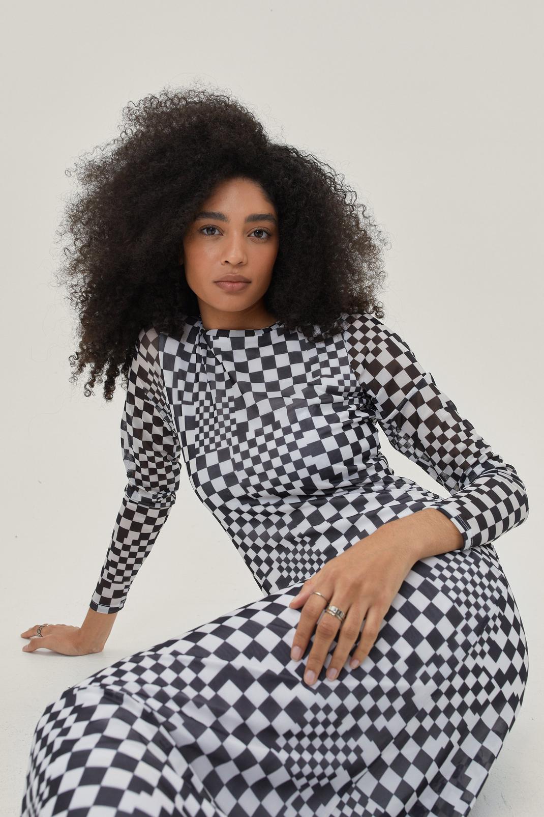 Abstract Check Mesh Funnel Neck Midi Dress image number 1