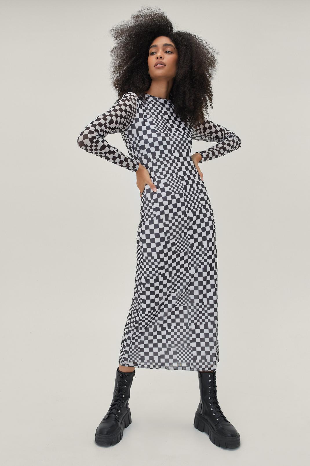 808 Abstract Check Mesh Funnel Neck Midi Dress image number 2