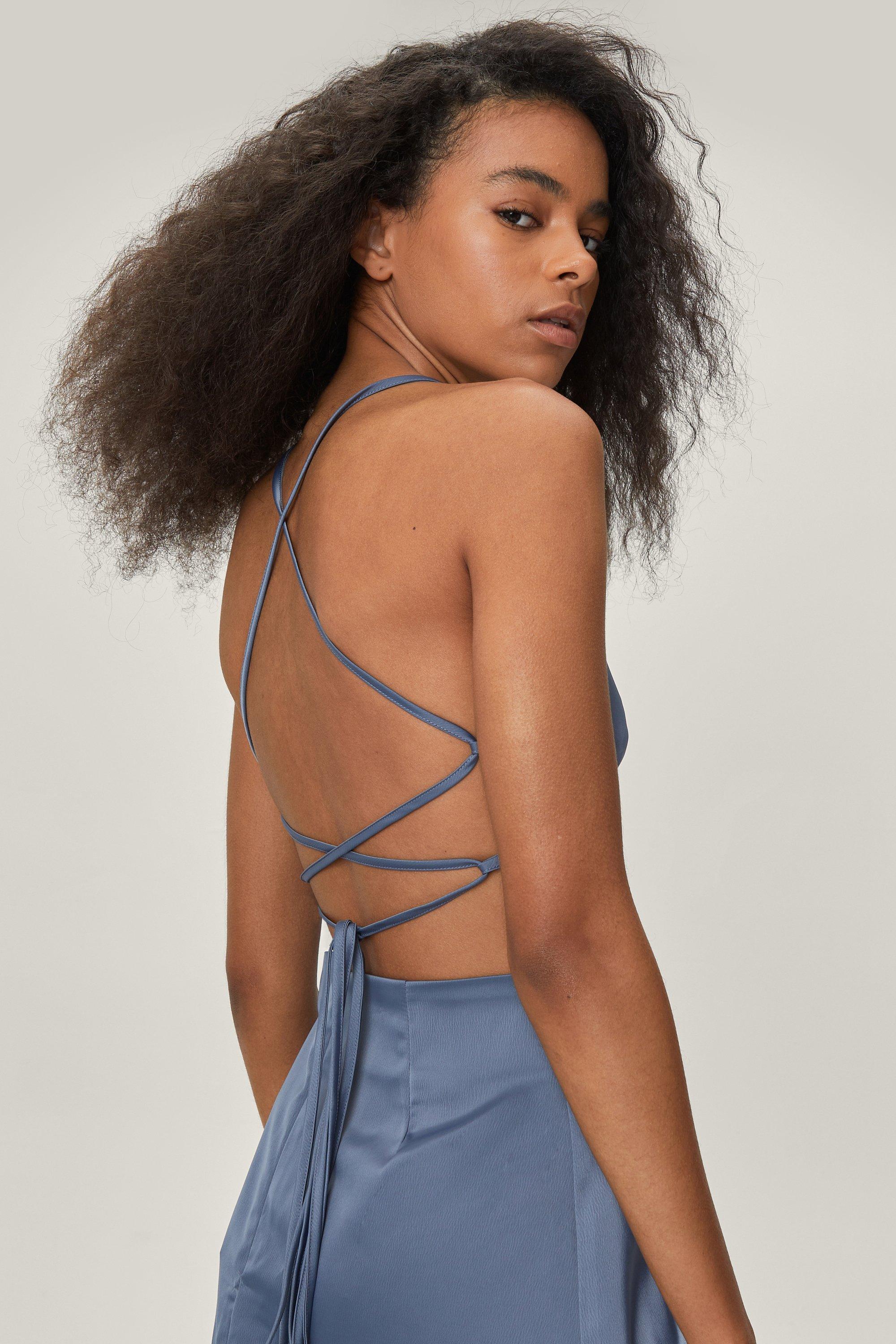 Lace up back cheap satin dress