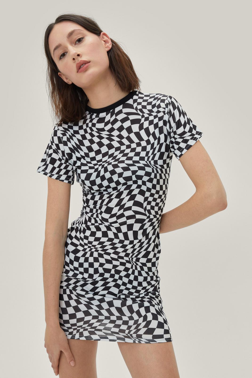 Black Abstract Checkerboard Crew Neck Mini Dress image number 1