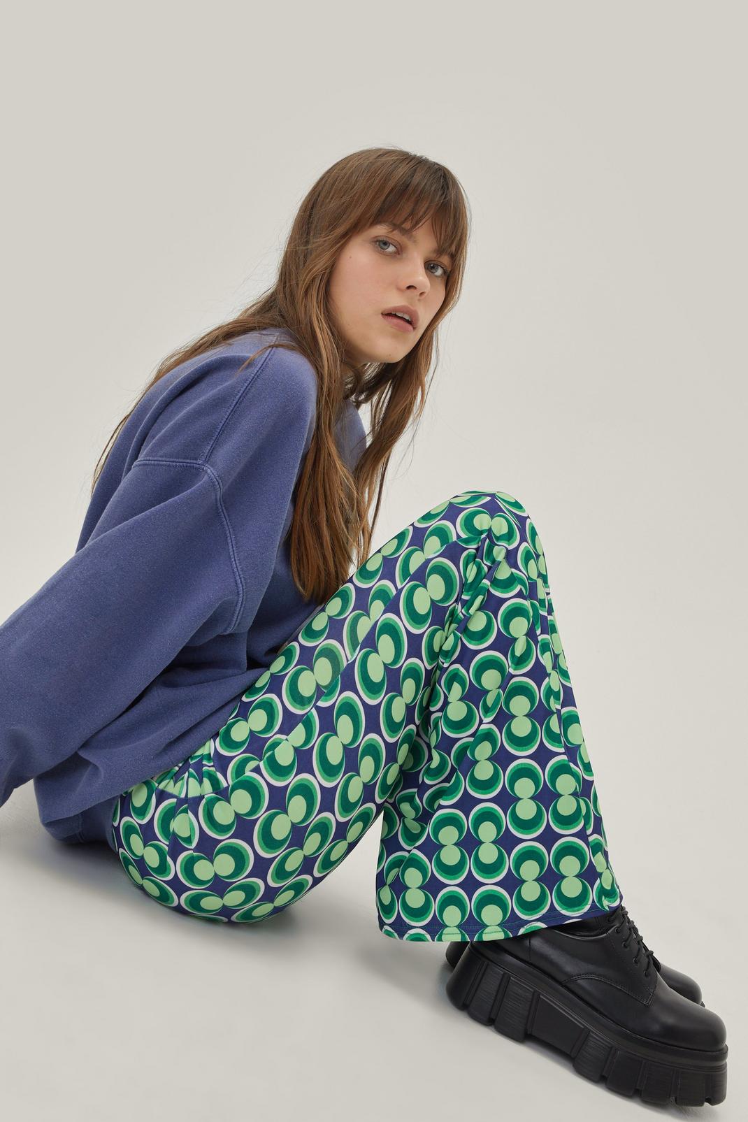 Blue Retro Circle Print Flared Trousers image number 1