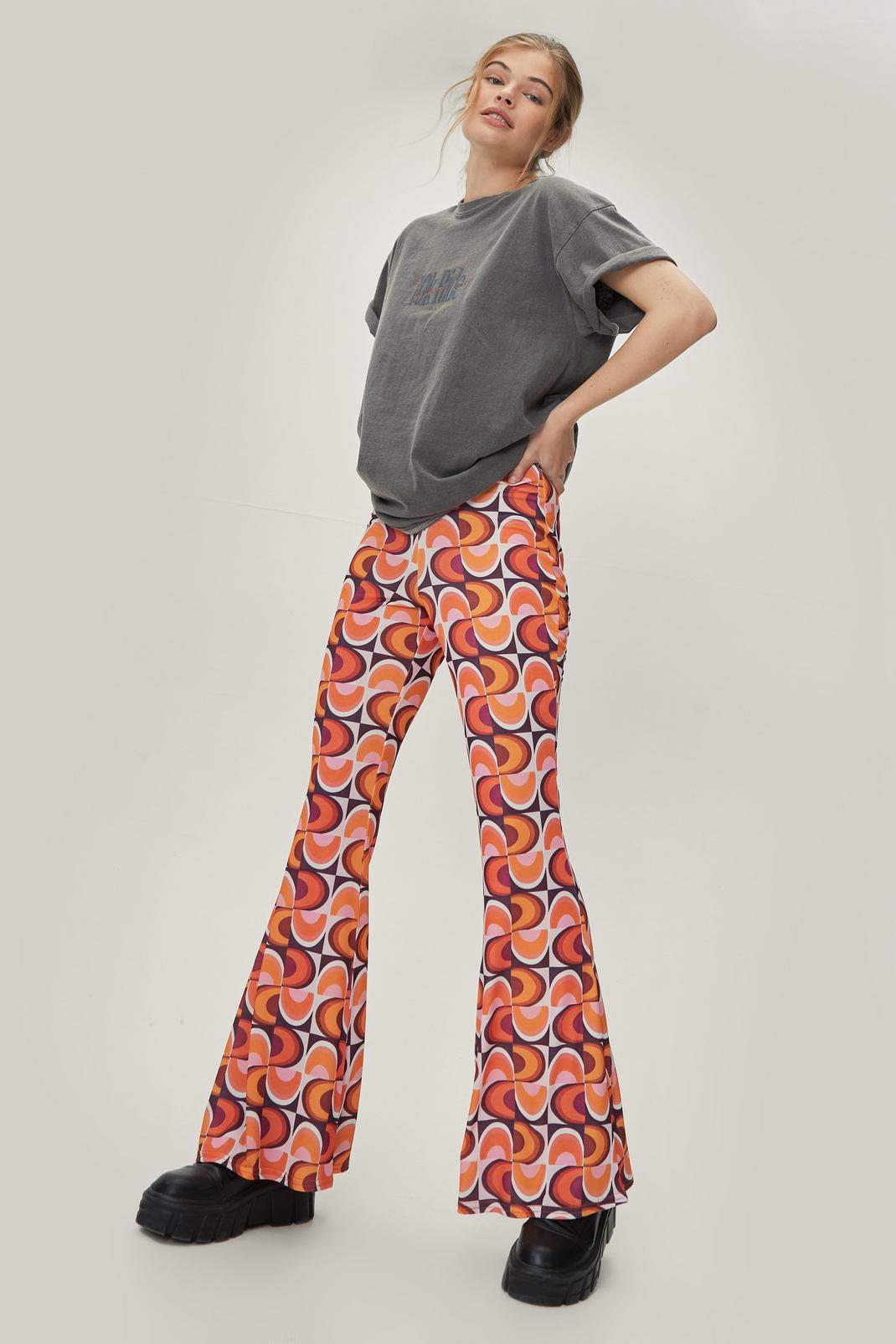 787 Retro Print High Waisted Flared Trousers image number 2
