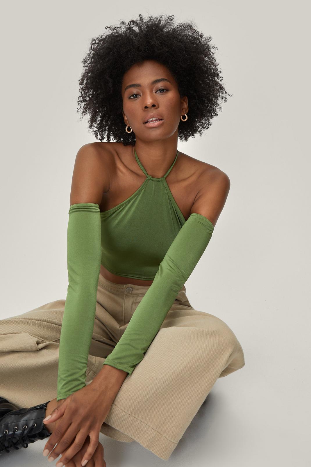 Green Recycled Cross Off the Shoulder Crop Top image number 1
