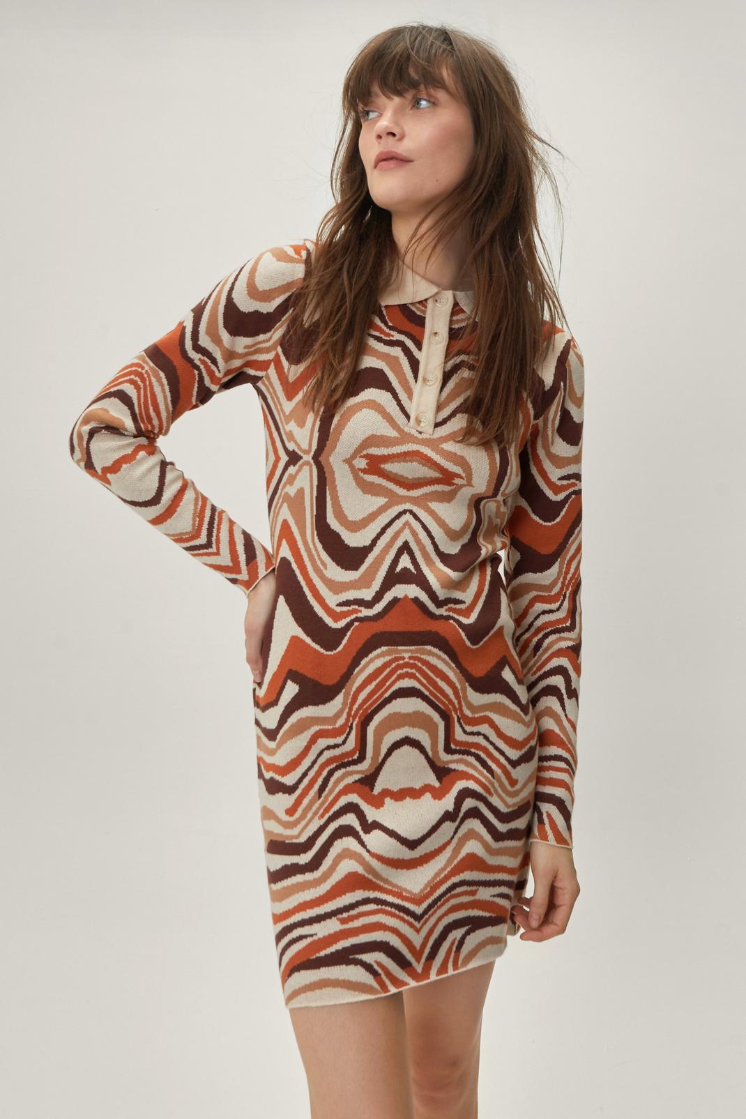Beige Abstract Wave Print Knitted Mini Dress  image number 1
