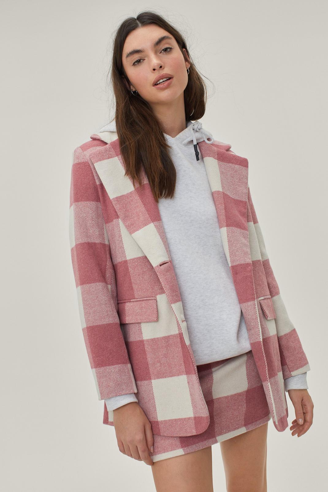 Pink Oversized Check Print Faux Wool Single Breasted Blazer image number 1