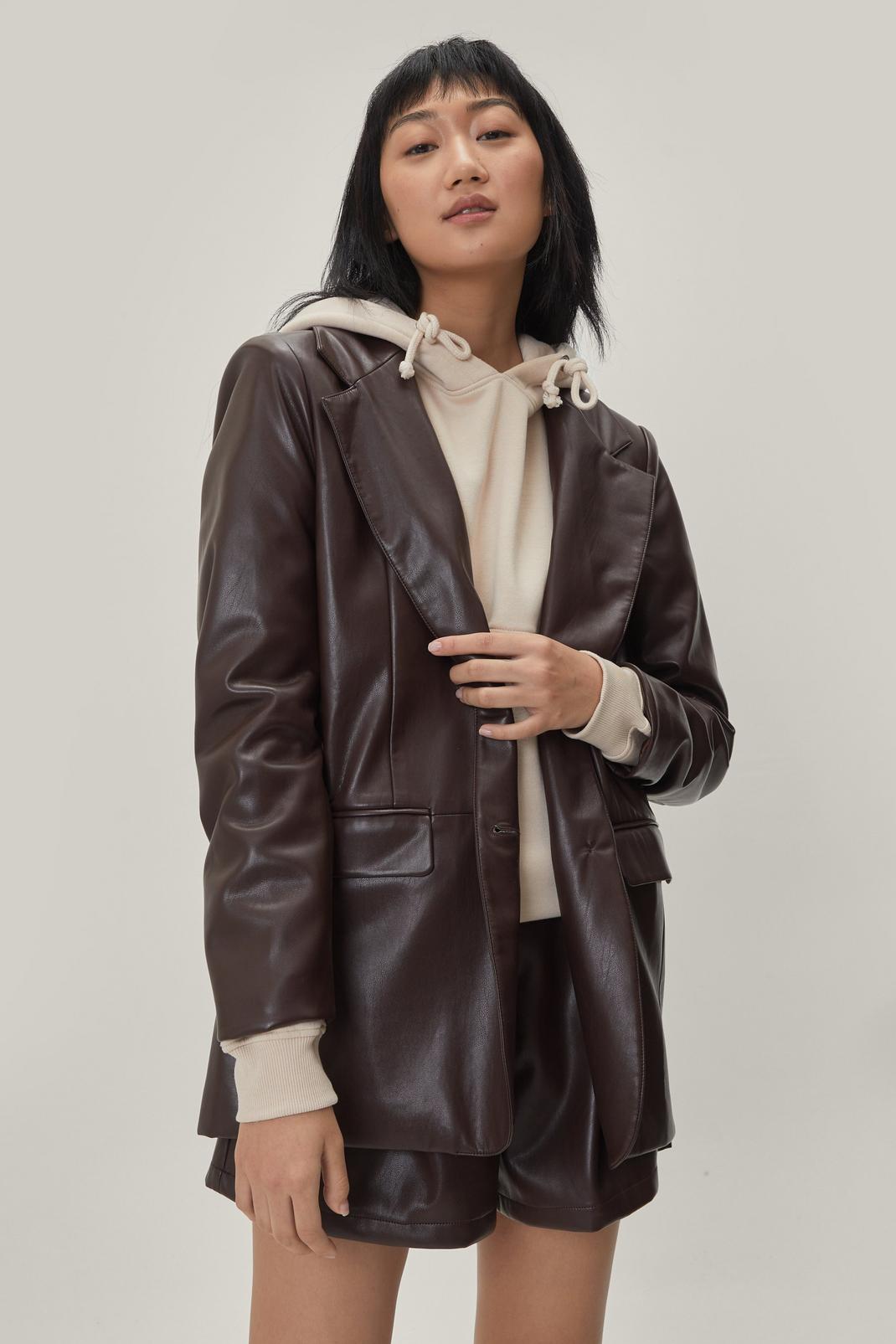 Chocolate Faux Leather Tailored Single Breasted Blazer image number 1