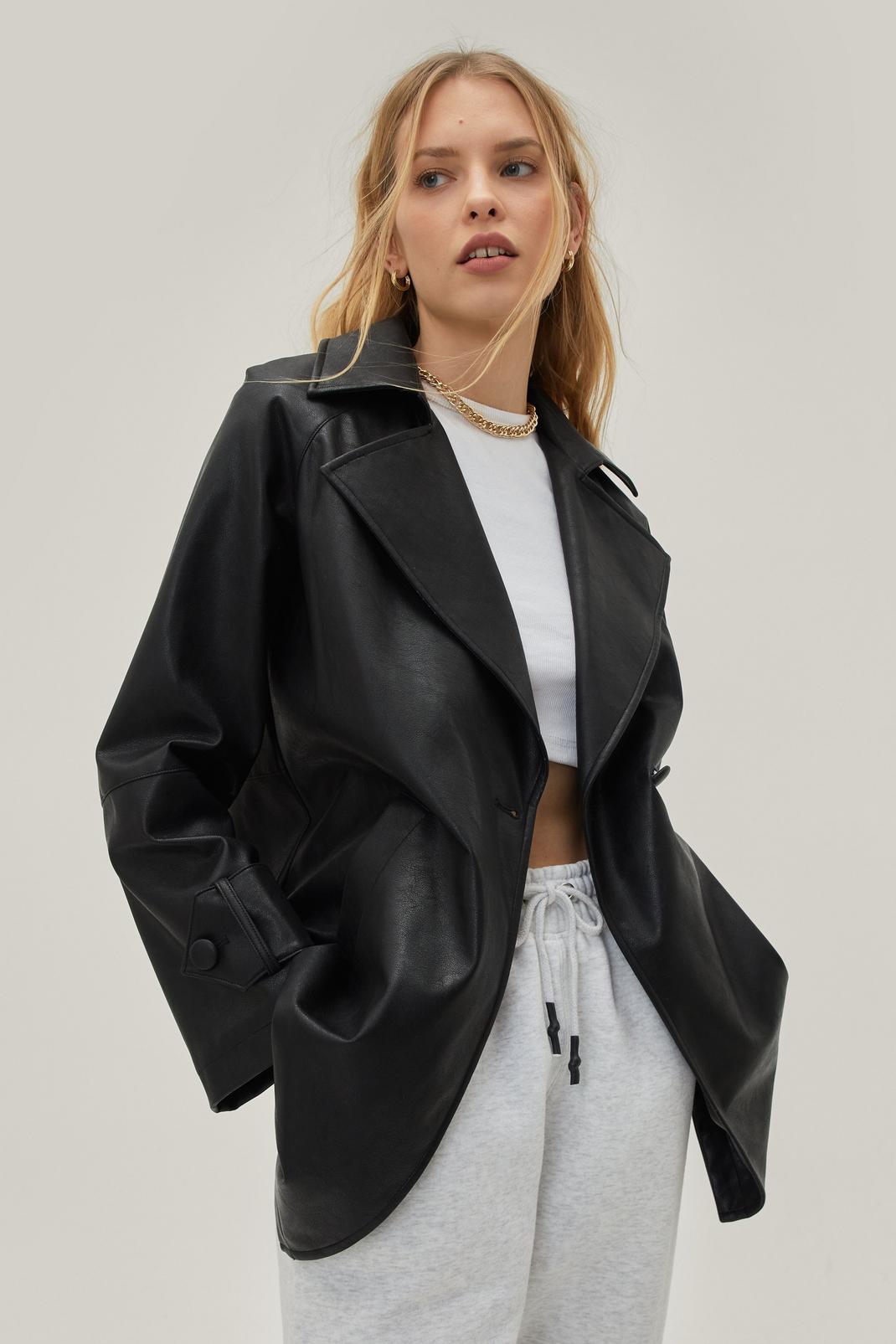 Black Tailored Faux Leather Trench Jacket image number 1