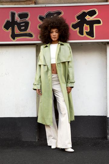 Belted Faux Leather Trench Coat green