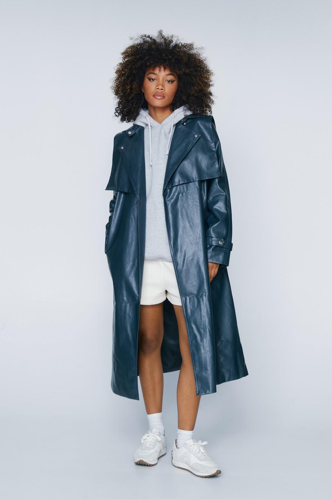 Navy Belted Faux Leather Trench Coat image number 1