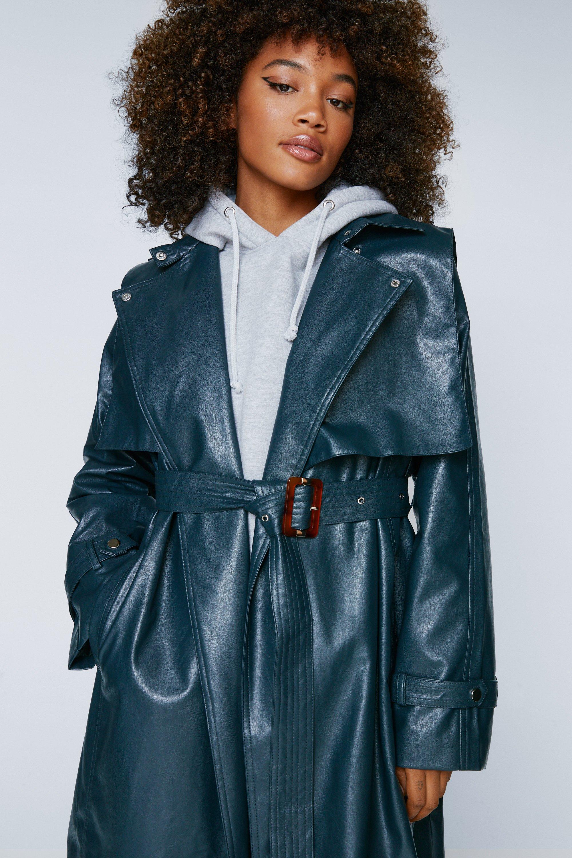 Belted Faux Leather Trench Coat