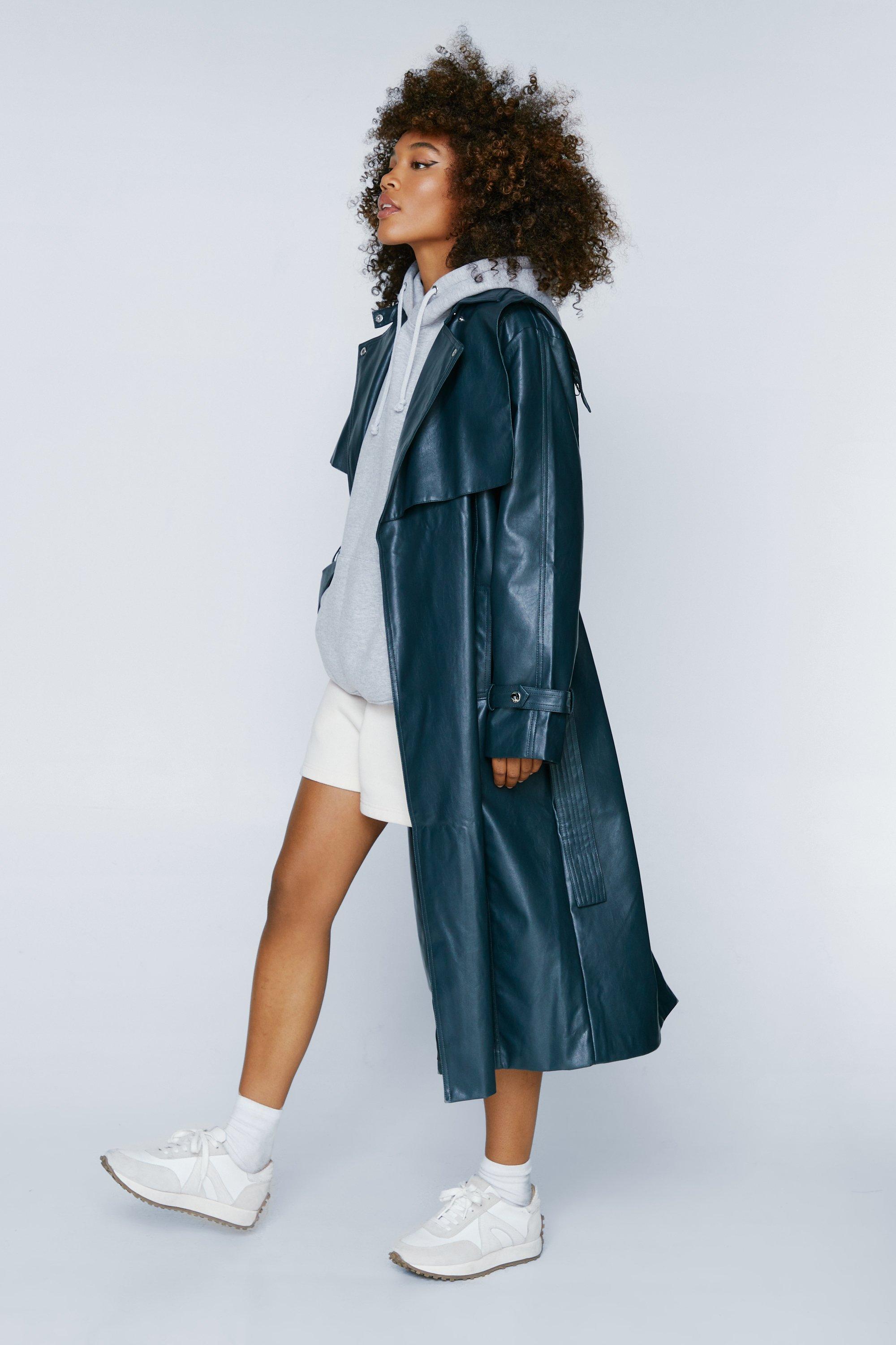 Faux Leather Belted Longline Trench Coat