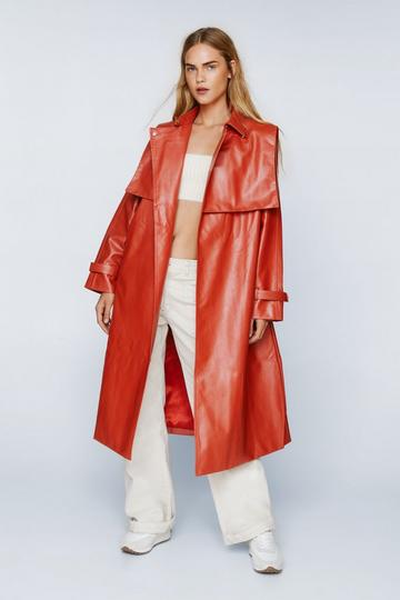 Belted Faux Leather Trench Coat terracotta
