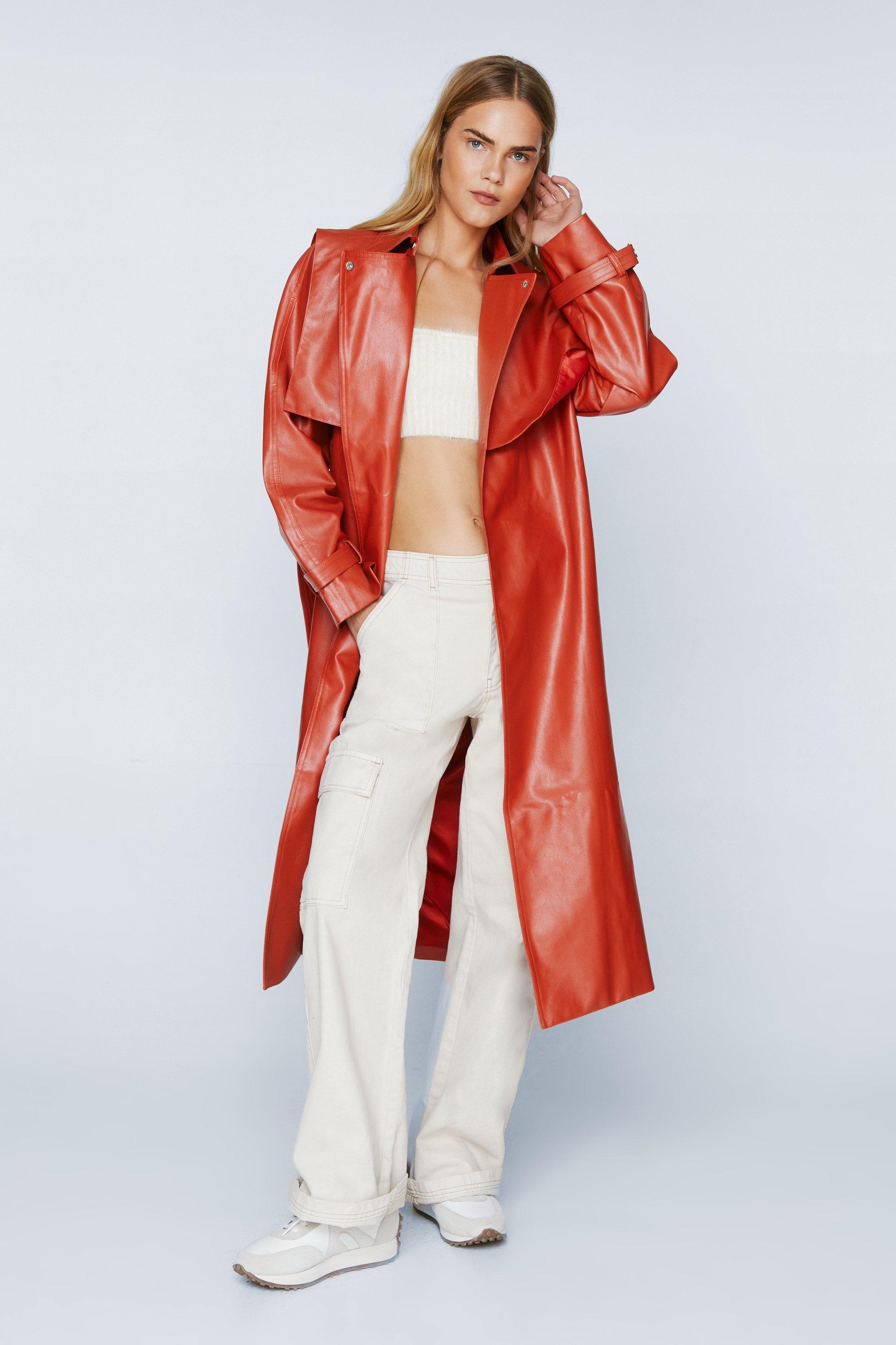 Red faux leather trench hot sale coat