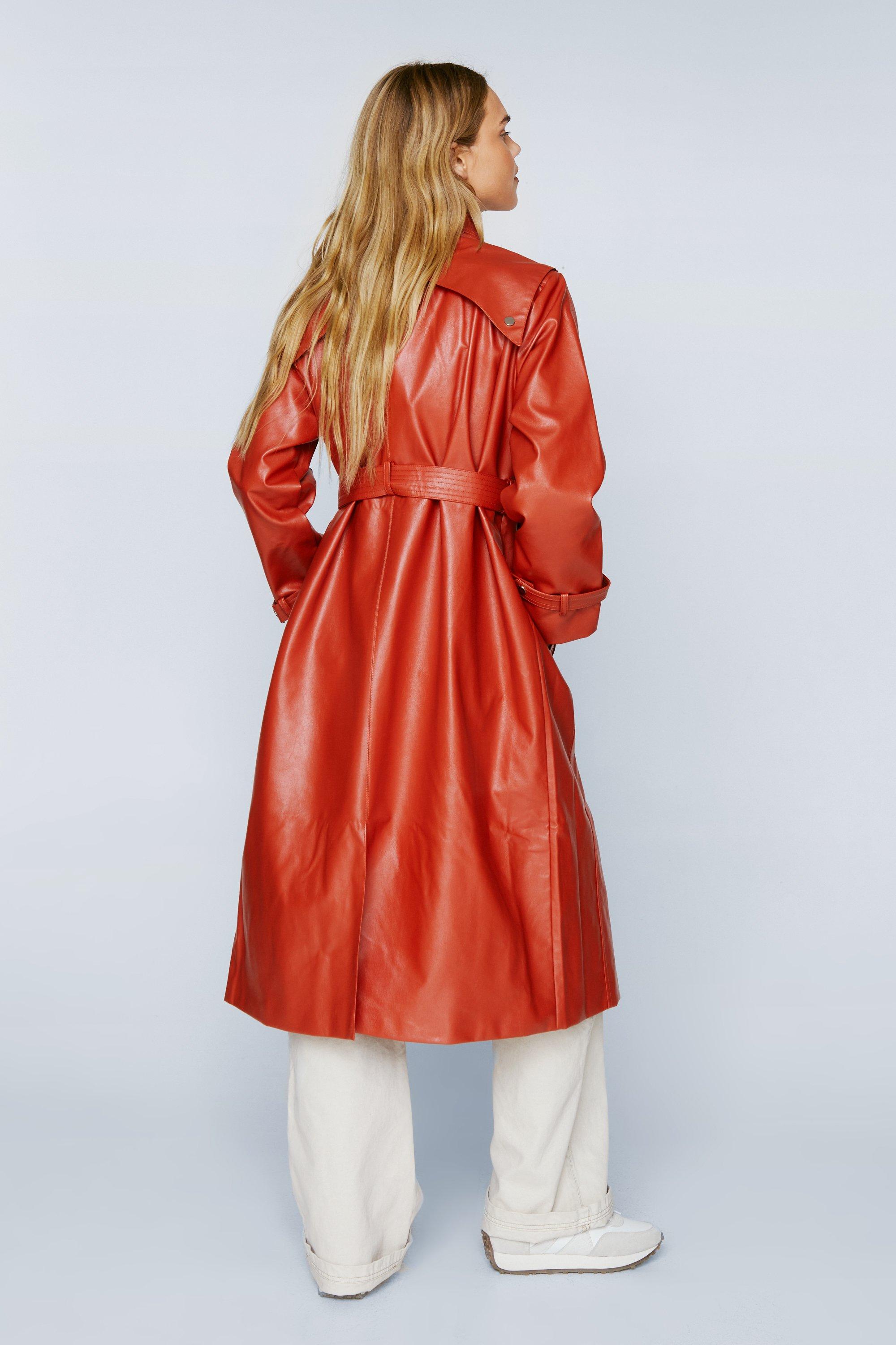 Belted Faux Leather Trench Coat