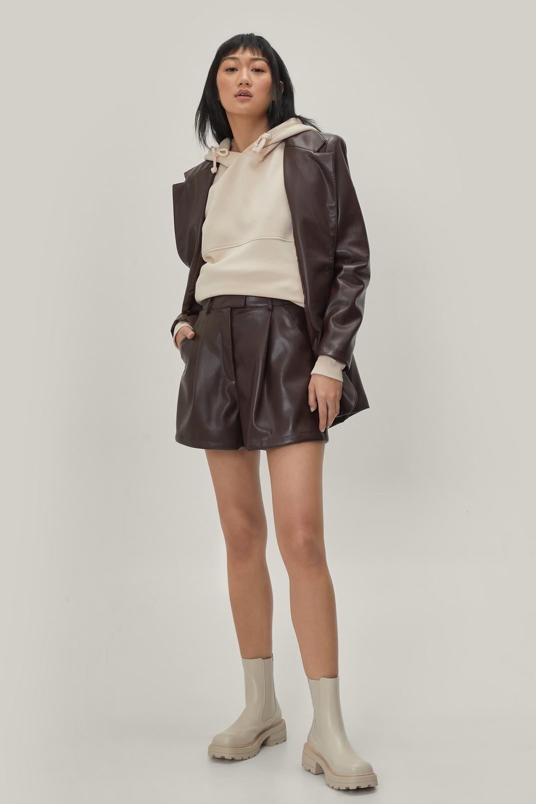 Chocolate High Waisted Tailored Faux Leather Shorts image number 1