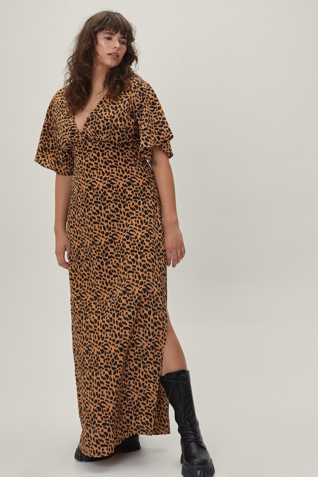 Tan Plus Size Leopard Angel Sleeve Maxi Dress image number 1