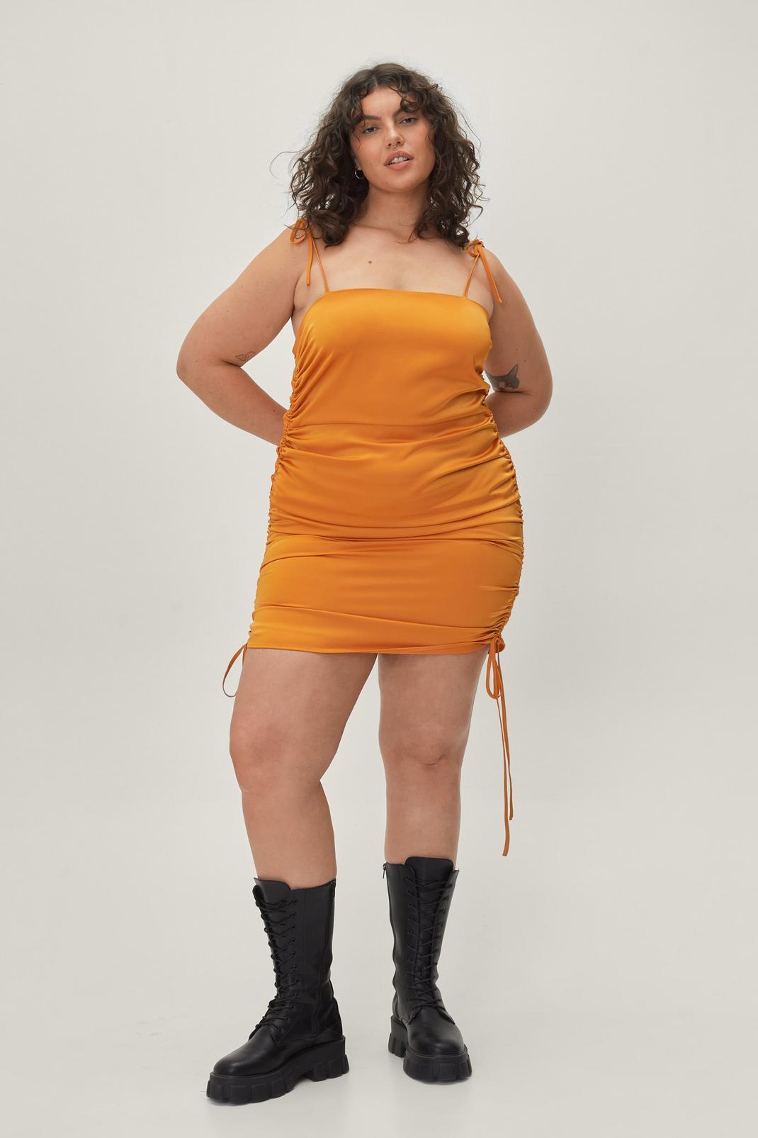 Orange Plus Size Bodycon Ruched Tie Strap Mini Dress image number 1