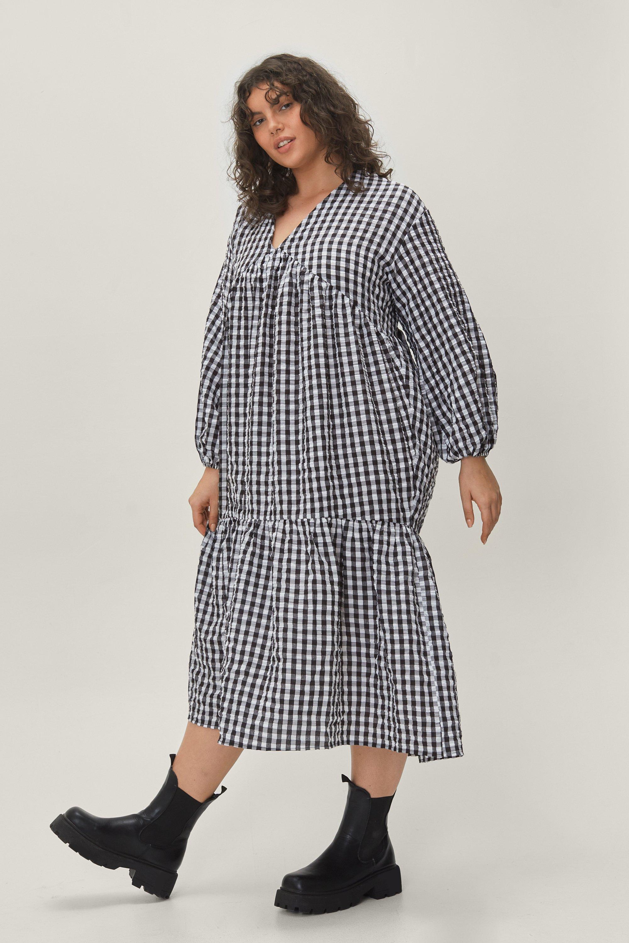 Plus Size Gingham Tiered Midi Smock Dress