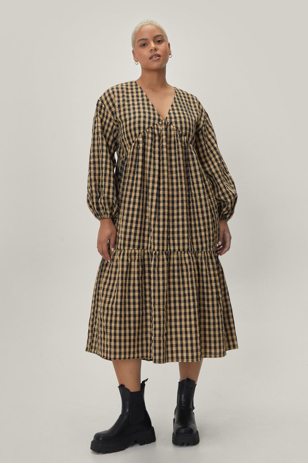 146 Plus Size Gingham Tiered Midi Smock Dress image number 1