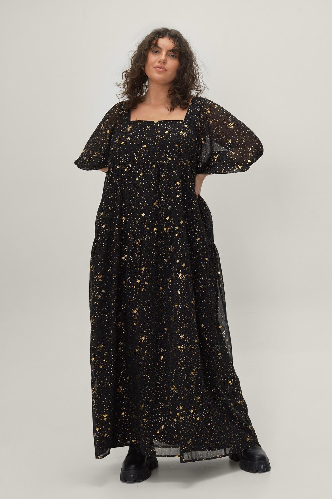 Black Plus Size Star Print Puff Sleeve Maxi Dress image number 1