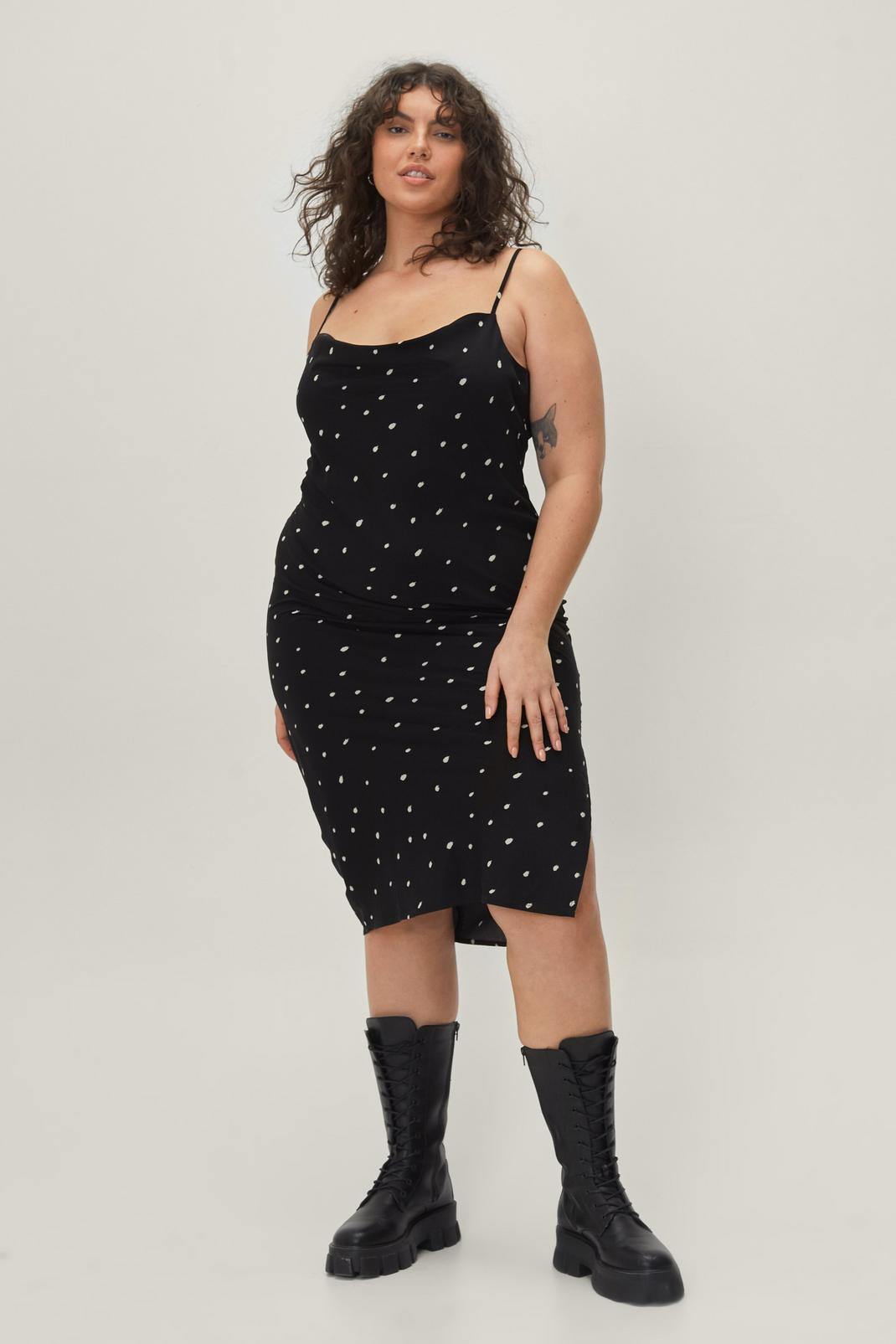 Black Plus Size Polka Dot Cowl Neck Midi Slip Dress image number 1