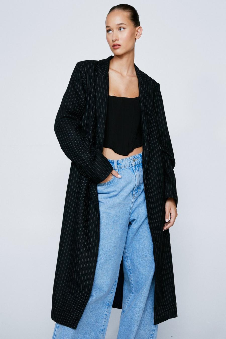 Pinstripe Belted Wool Mix Coat