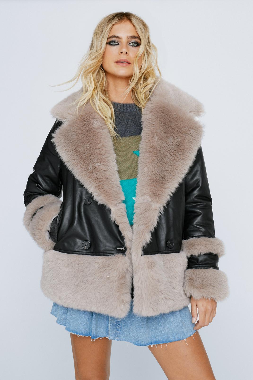 105 Faux Fur Detail Faux Leather Aviator Jacket image number 1