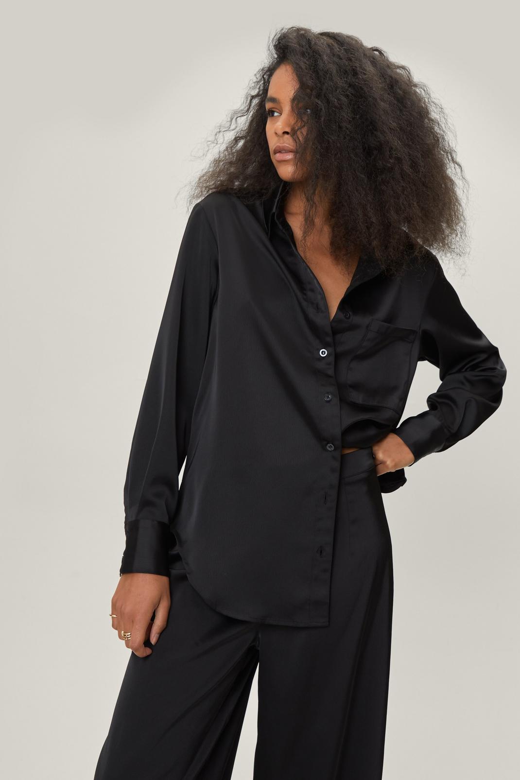 Black Petite Oversized Long Sleeve Satin Shirt image number 1