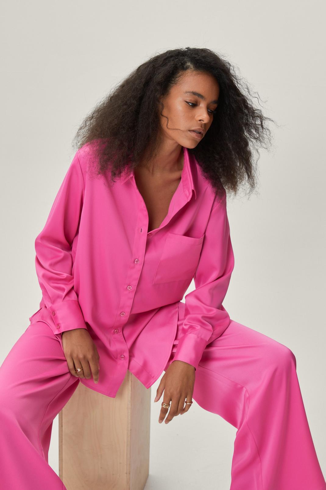 Hot pink Petite Oversized Long Sleeve Satin Shirt image number 1