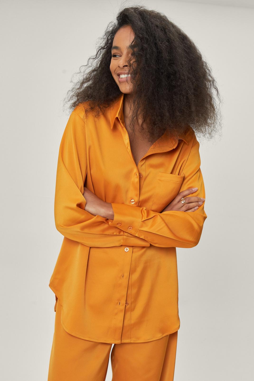 Orange Petite Oversized Long Sleeve Satin Shirt image number 1