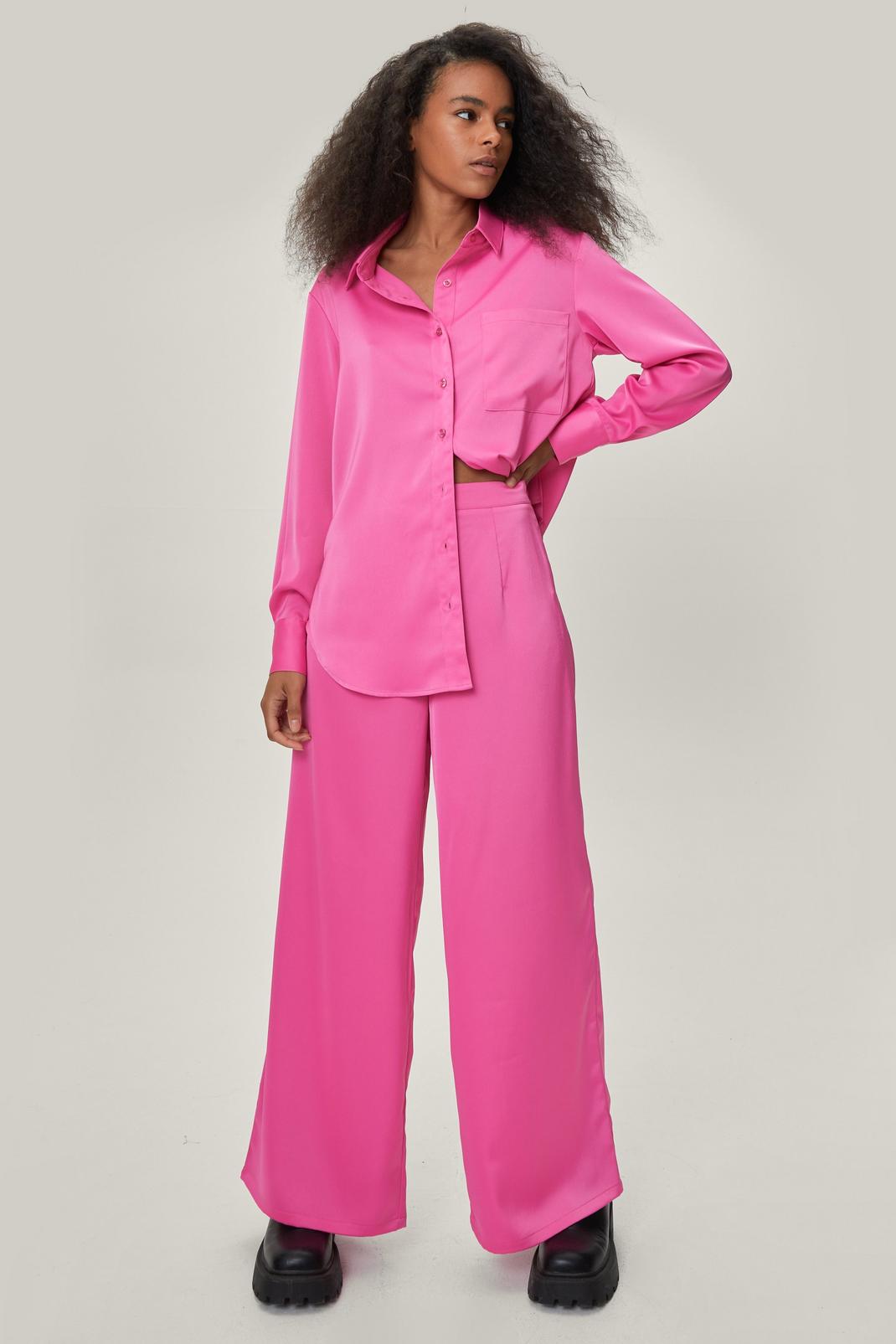 Hot pink Petite Satin Wide Leg High Waisted Pants image number 1