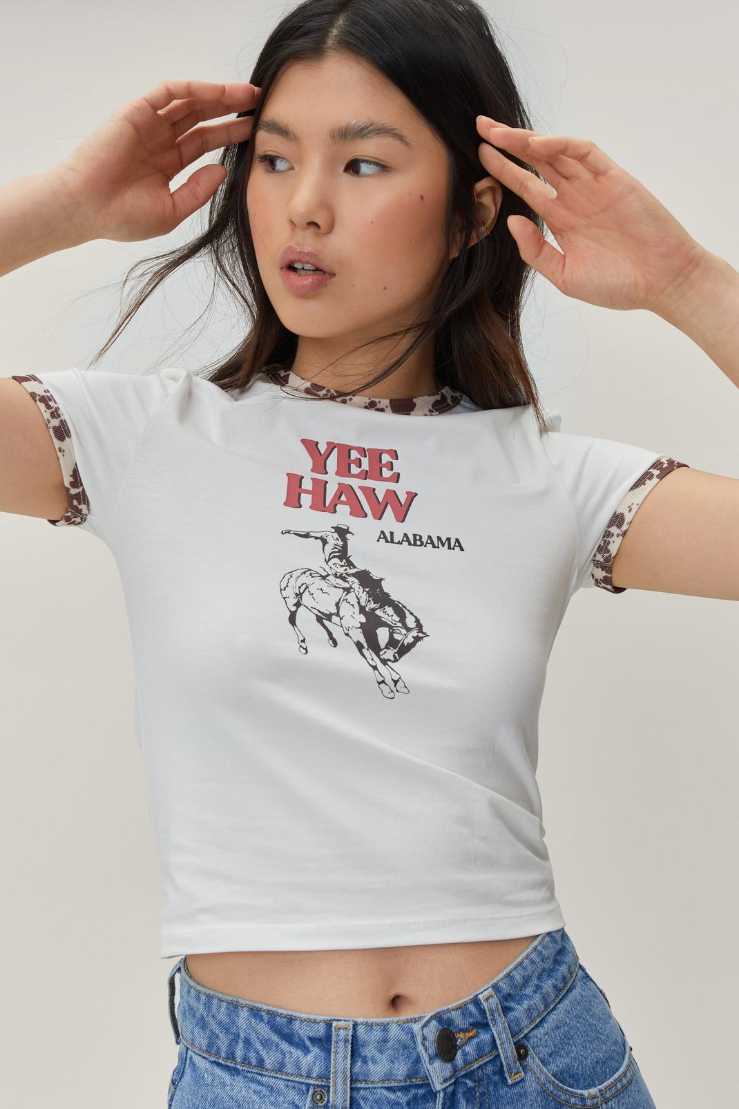 Ecru Cropped Graphic Cow Print Ringer T-Shirt image number 1