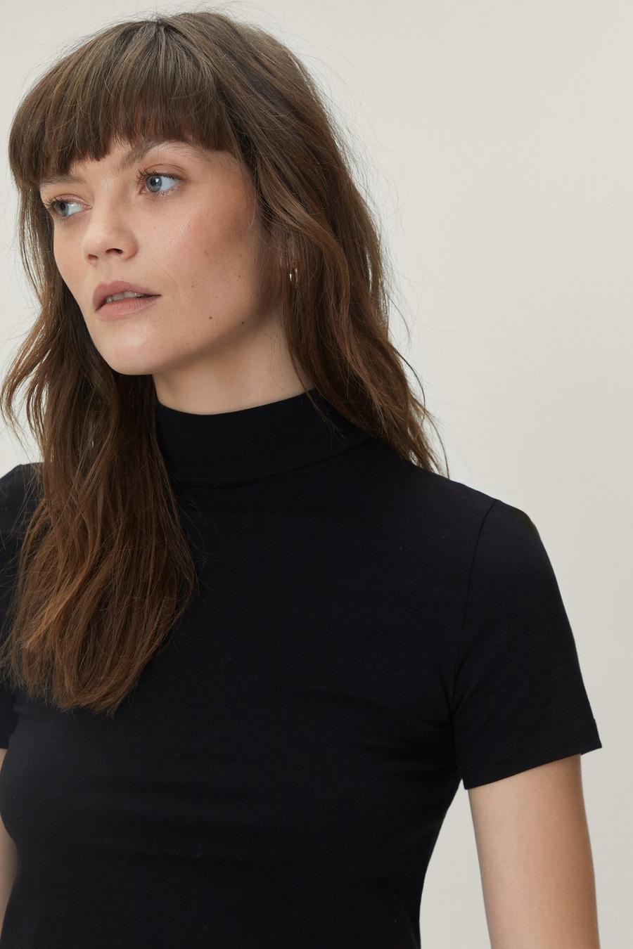 Cotton Stretch Cap Sleeve Funnel Neck Top