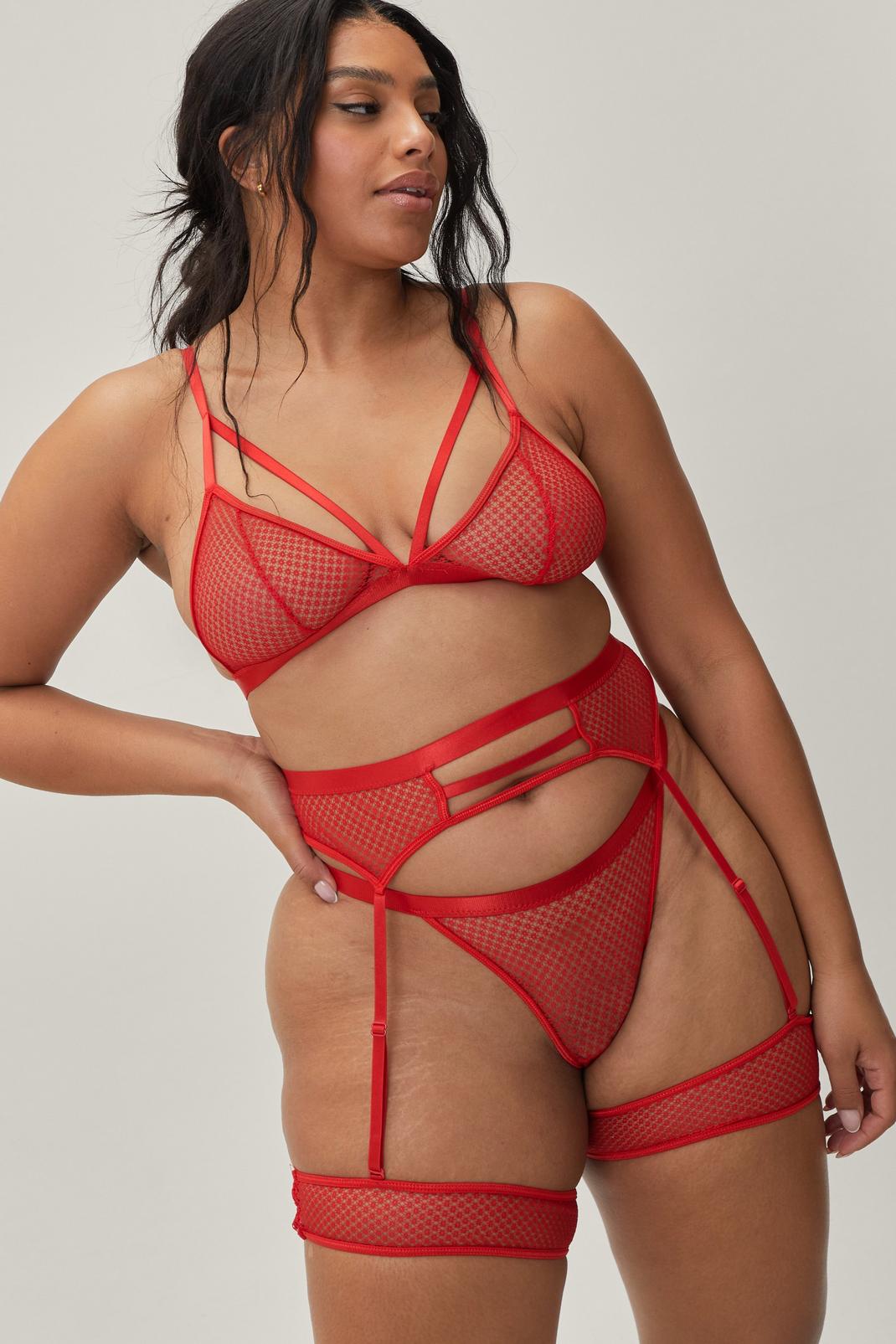 Red Plus Size Fishnet Lace Triangle Harness 3pc Set image number 1