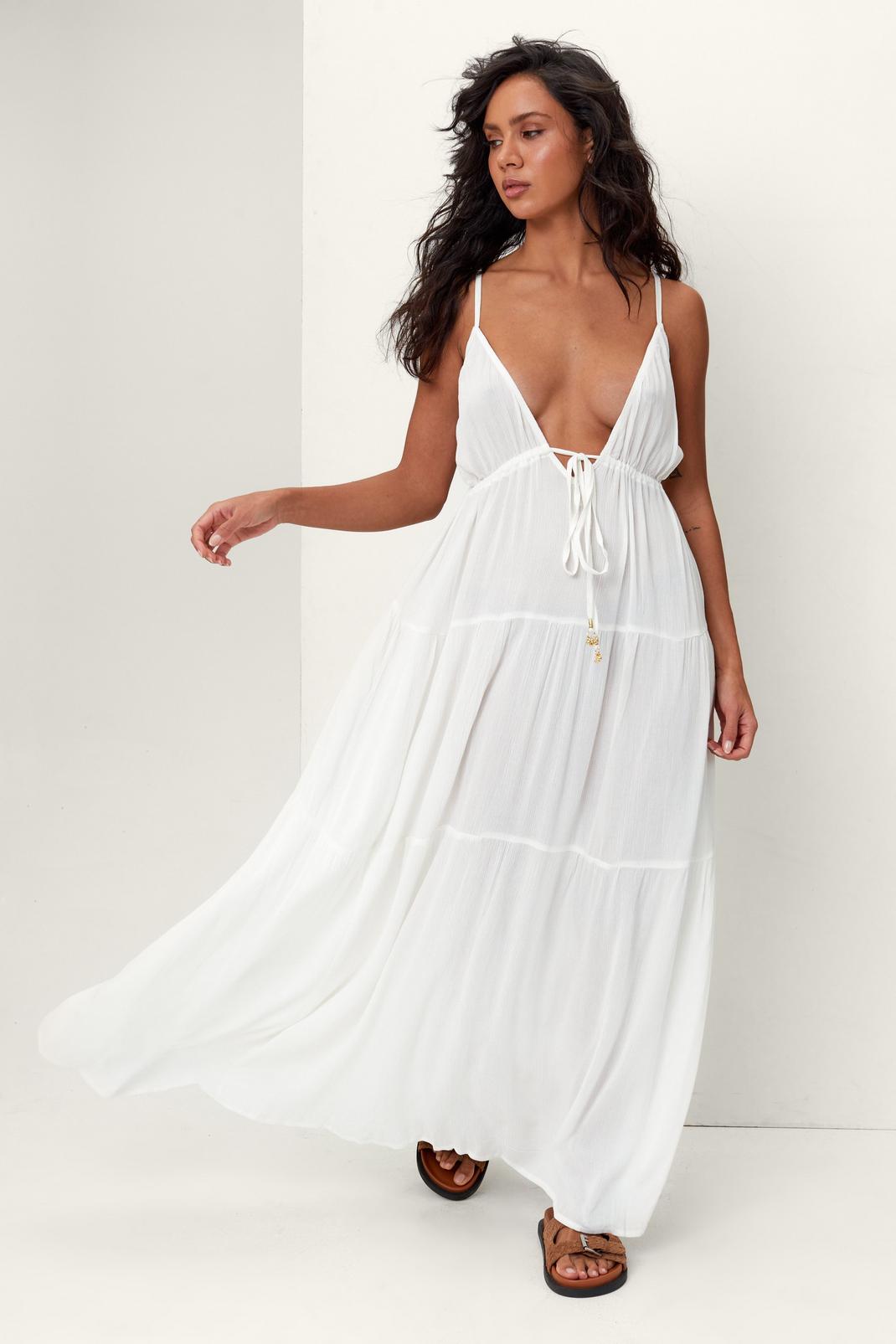 Cream Crinkle Tiered Beaded Tie Maxi Cover Up Dress image number 1