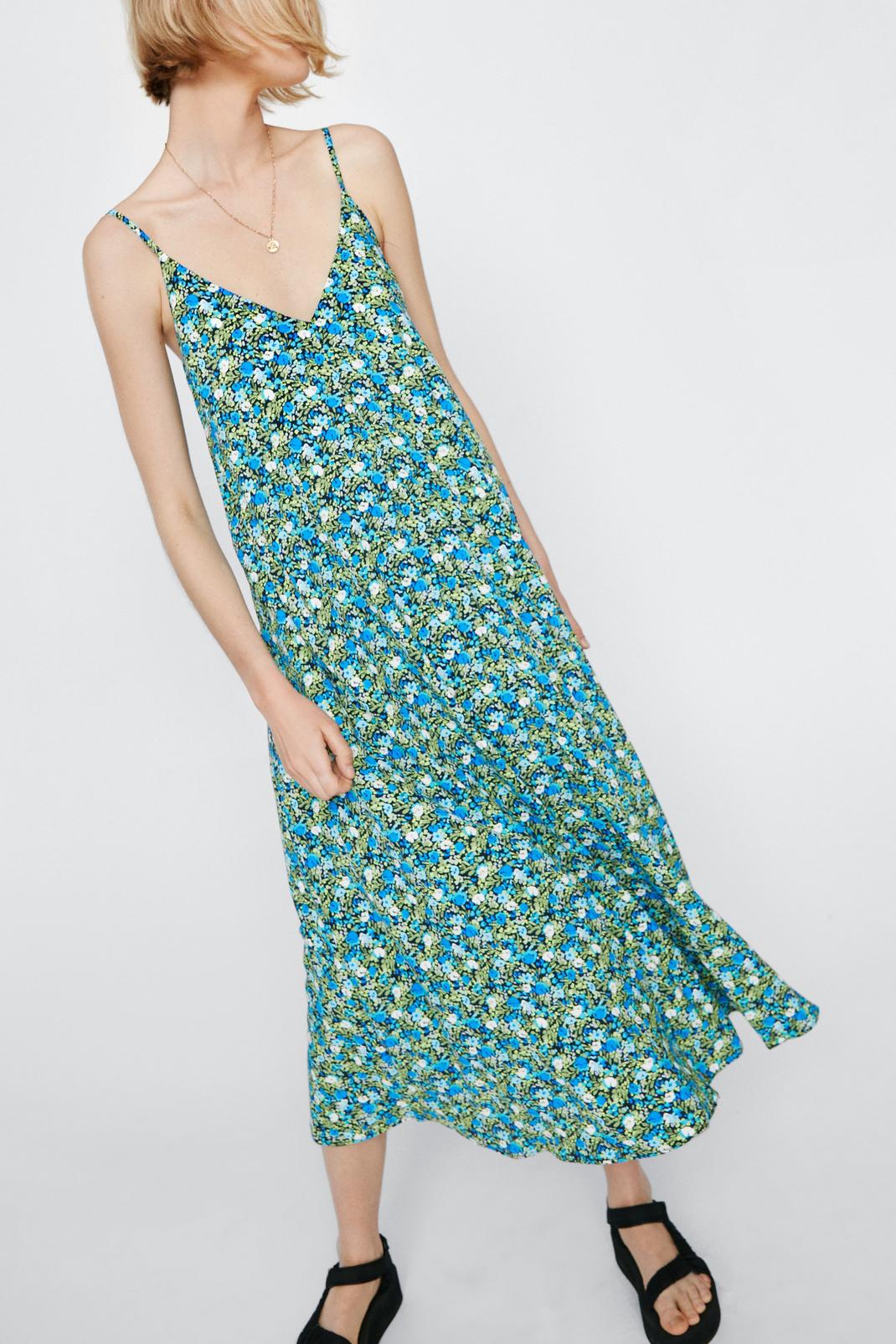 Blue Floral Strappy Trapeze Maxi Dress image number 1