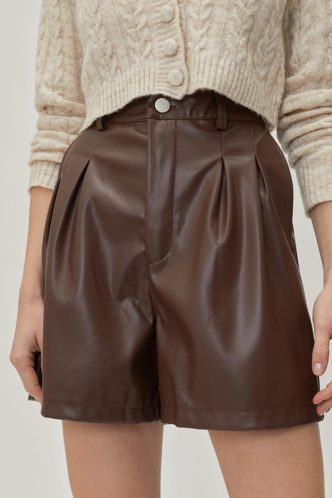 Chocolate Faux Leather High Waisted Shorts image number 1