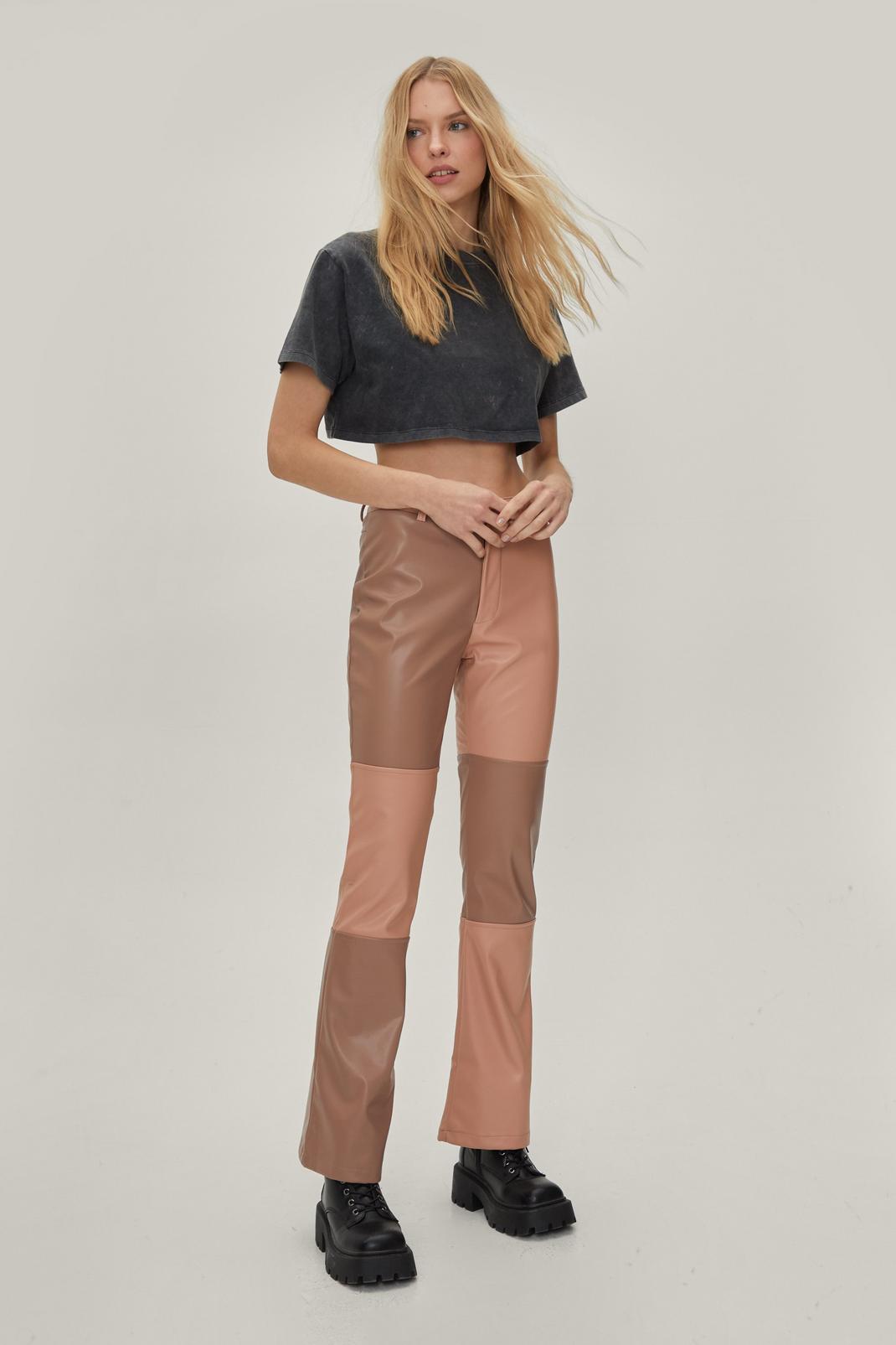 111 Faux Leather Patchwork Flared Pants image number 1