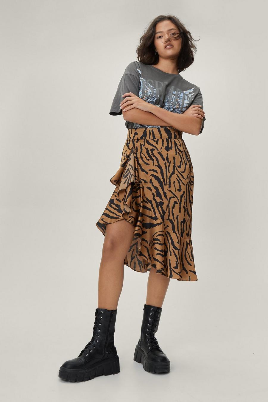 Petite Tiger Print Ruffle Midi Skirt