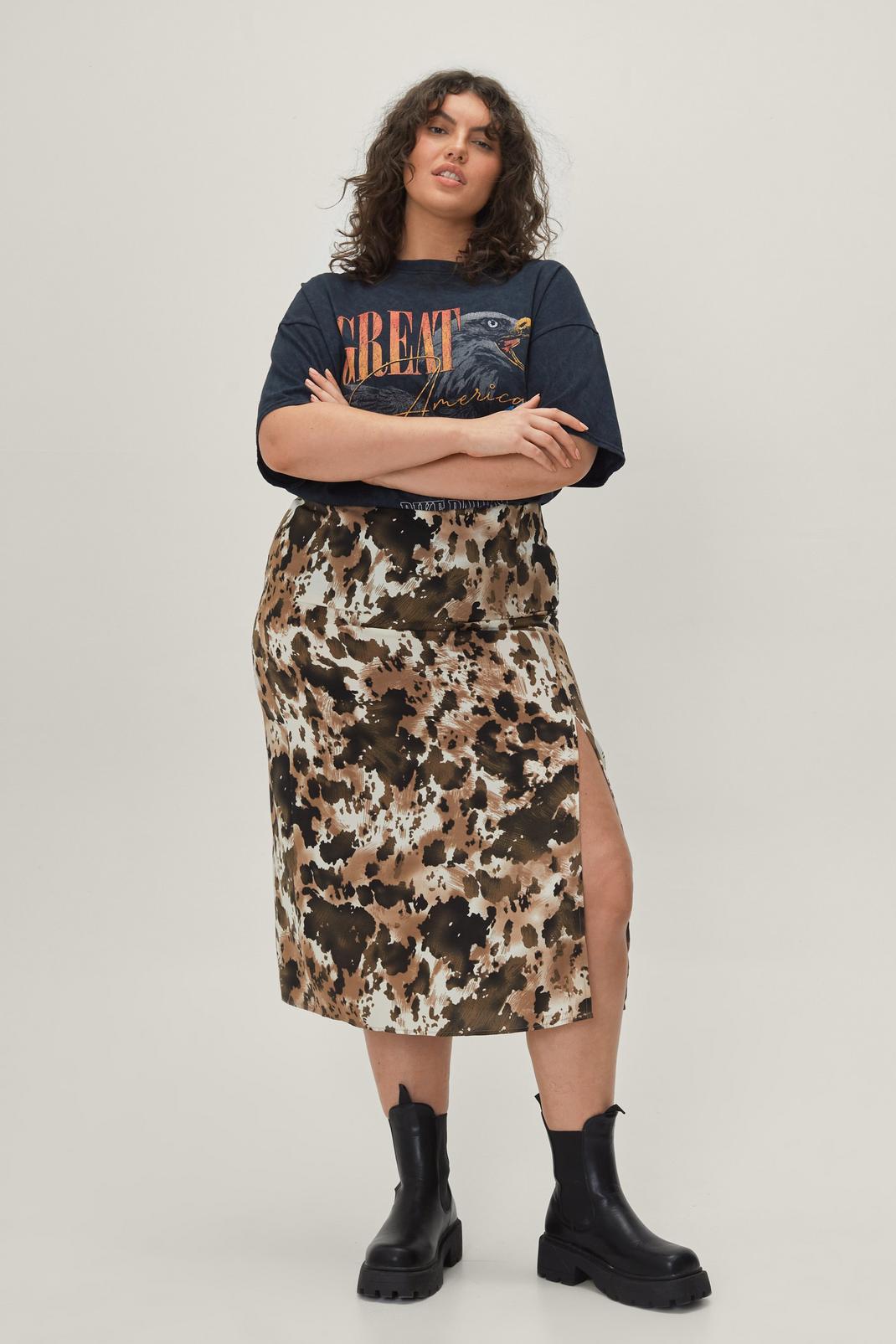 Khaki Plus Size Animal Print Satin Midi Skirt image number 1