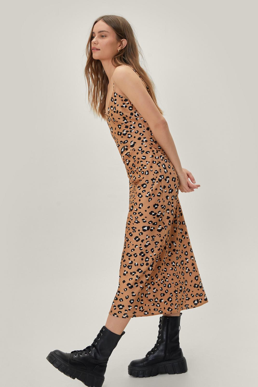 166 Animal Leopard Satin Strappy Slip Midi Dress image number 2