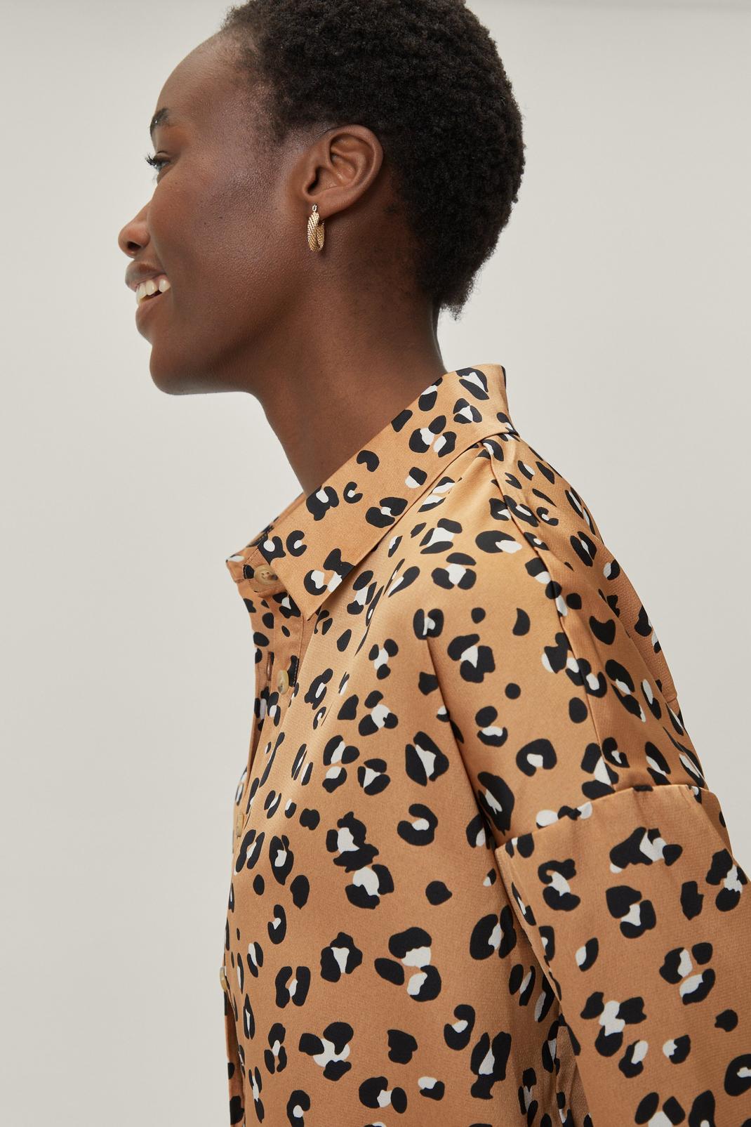 Tan Leopard Print Oversized Satin Shirt image number 1