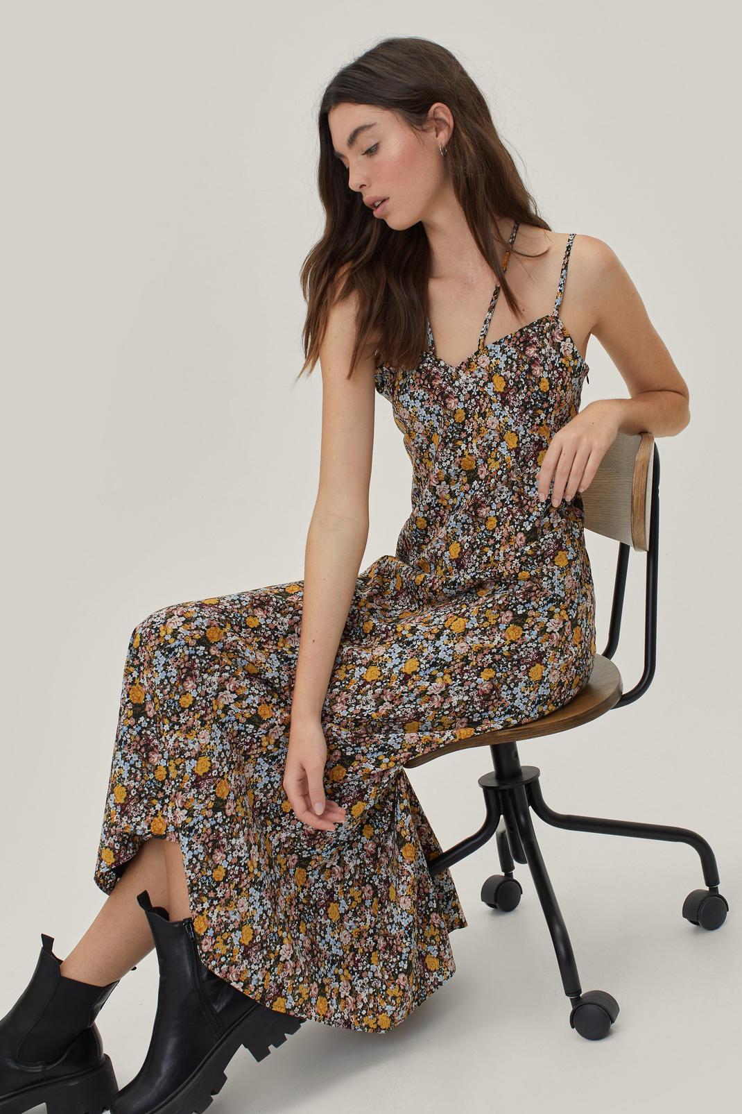 Multi Strappy Floral Print Midi Dress image number 1
