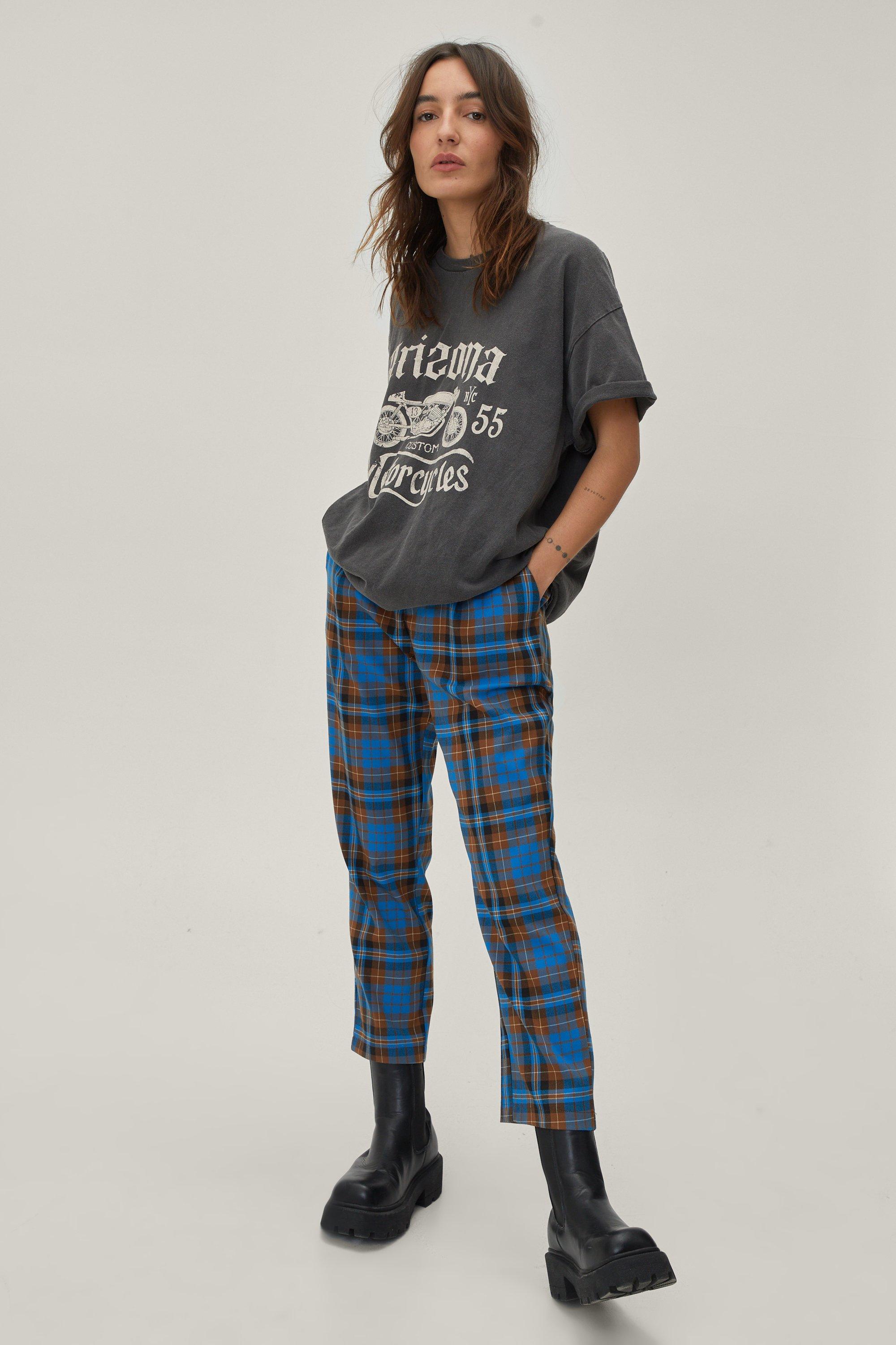 blue check trousers womens